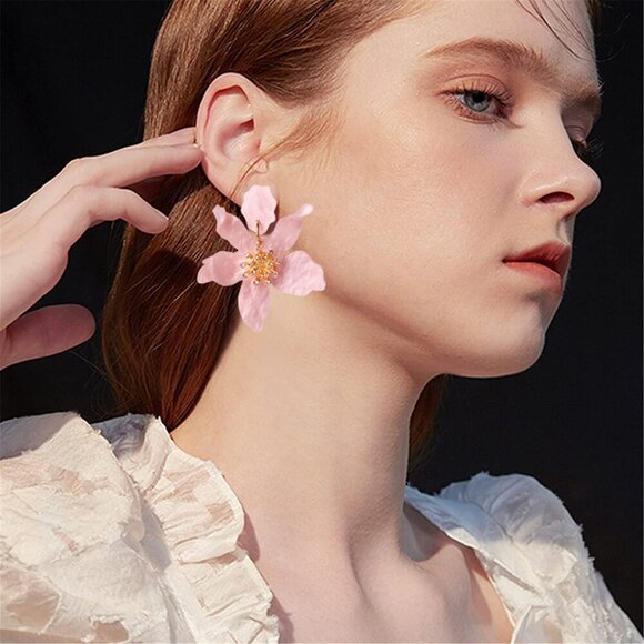 Unique Bohemian Oversized Acrylic Resin Flower Dangle Drop Earrings Retro Large - Picture 4 of 6